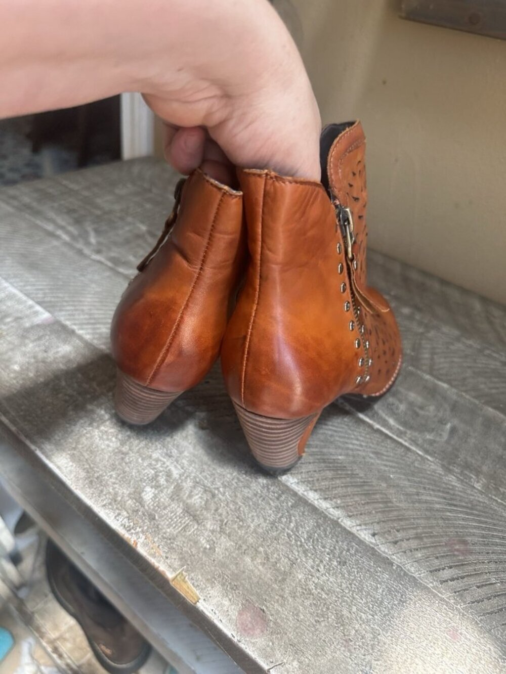 Women's Tan Perforated Leather Ankle Boots with Side Zip - Picture 4 of 5